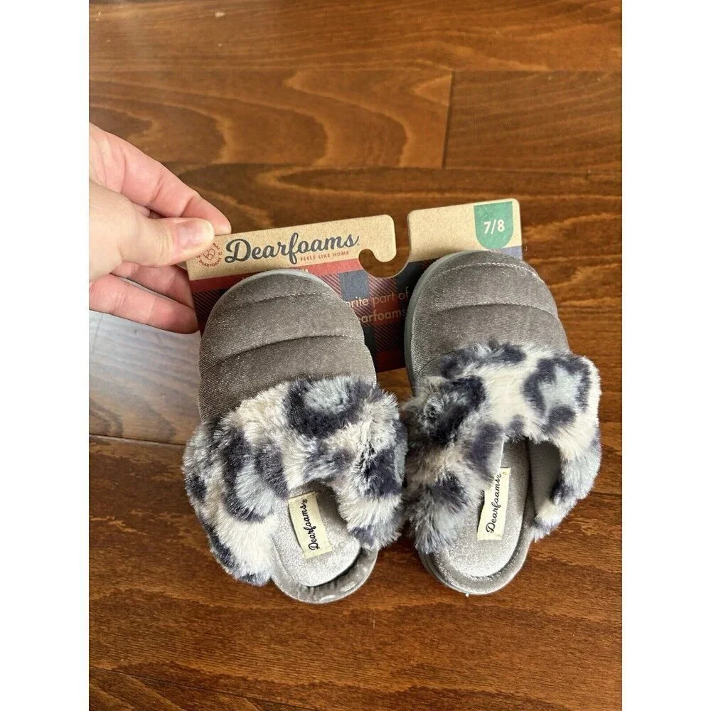 Dearfoams Kids Toddler Little Kids Gray Fuzzy‎ Cheeta Print Slippers NEW 7-8 US